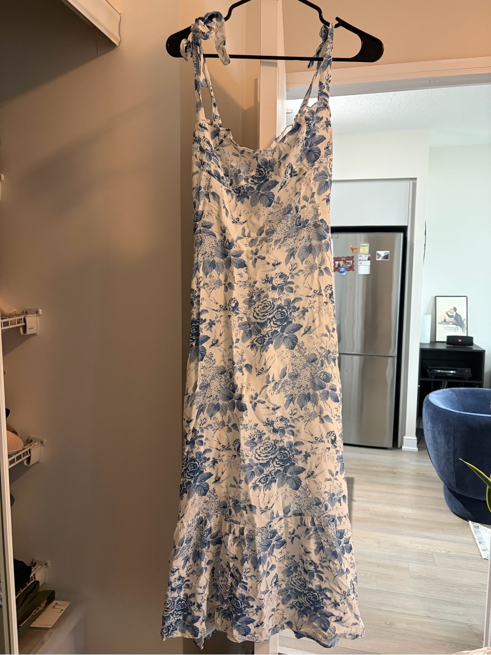 Reformation White Maxi Dress with Blue Floral Print